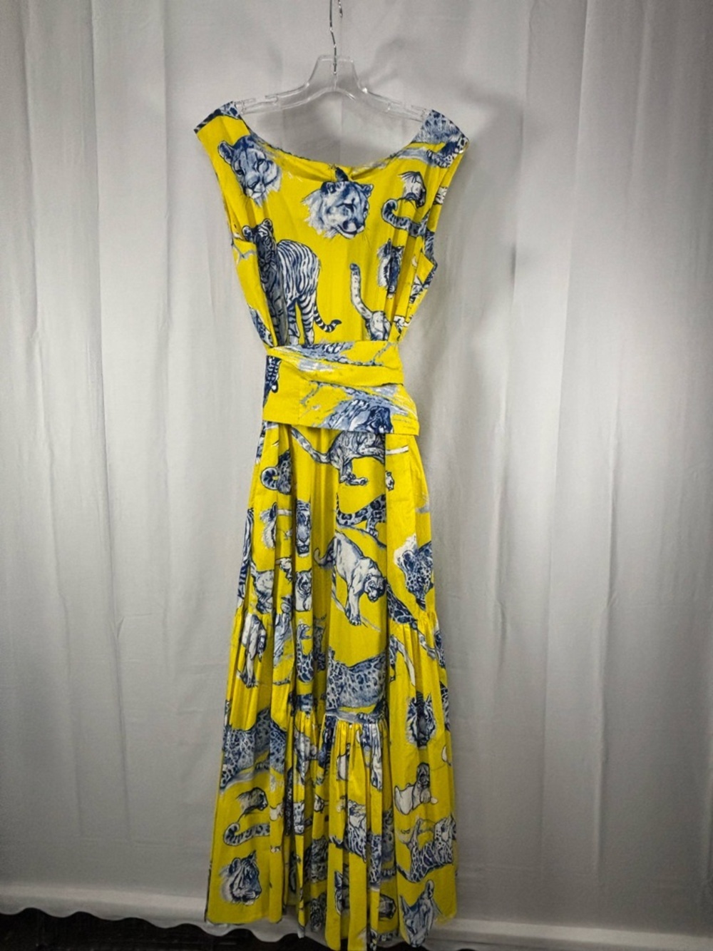 NWT SAMANTHA SUNG Amanda Dress Yellow Animal-Print Maxi with Sash size 12